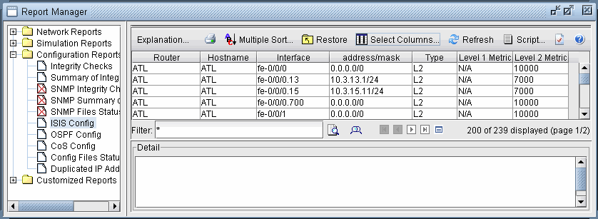 Report Manager interface with categories Network Reports, Simulation Reports, and Configuration Reports. Table displays router configurations including Router, Hostname, and IP address.