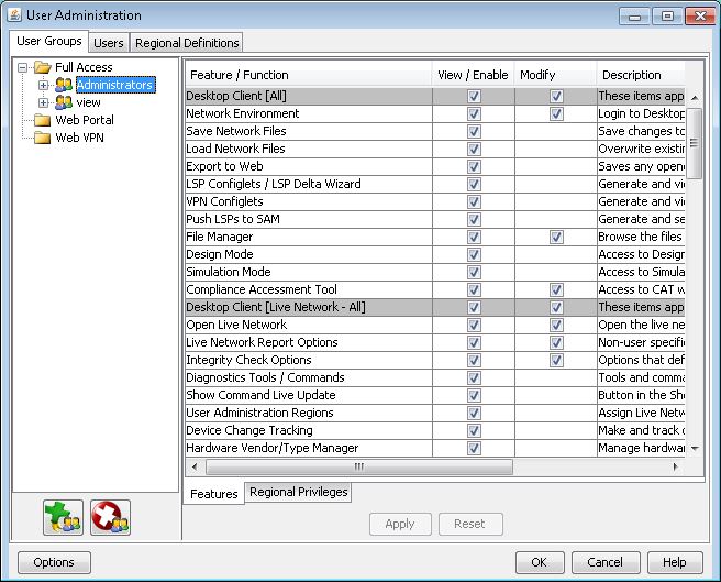 User Administration interface for managing user groups, permissions, and access rights. Tabs include User Groups, Users, Regional Definitions. Features table with View/Enable, Modify permissions, and descriptions. Administrators group highlighted. Apply, Reset, OK, Cancel buttons present.