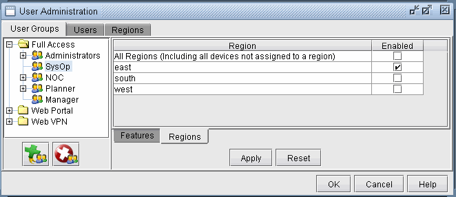 User Administration interface with tabs User Groups, Users, and Regions. Active tab is Regions showing a table with Region and Enabled columns. East and south regions are enabled.