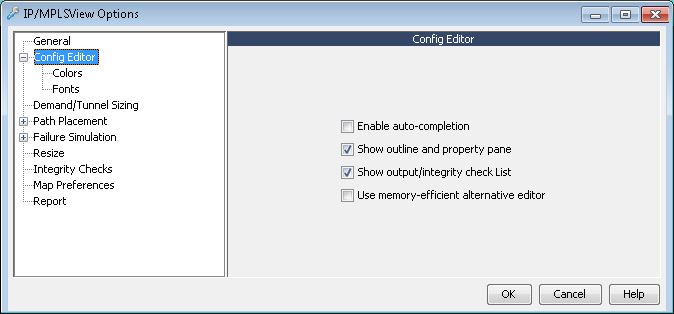 Software configuration window titled IP/MPLSView Options with Config Editor settings such as Enable auto-completion unchecked and Show outline checked.