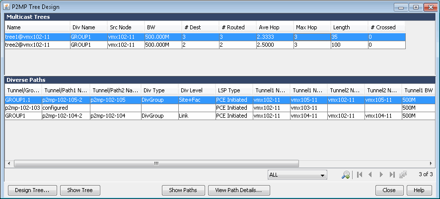 Screenshot of network design software interface for Point-to-Multipoint Tree Design. Displays multicast trees and diverse paths details with buttons for designing or viewing tree and path structures. Used by network engineers for optimizing data transmission paths.