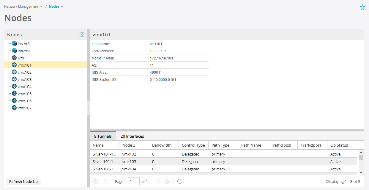 Network management interface showing selected node vmx101 with details: IPv4 10.0.0.101, Management IP 172.16.18.101, AS 11, IS-IS Area 490011, and System ID 0110.0000.0101. Tunnels tab shows Silver-101-1-102, Silver-101-1-103, and Silver-101-1-104 with active status.