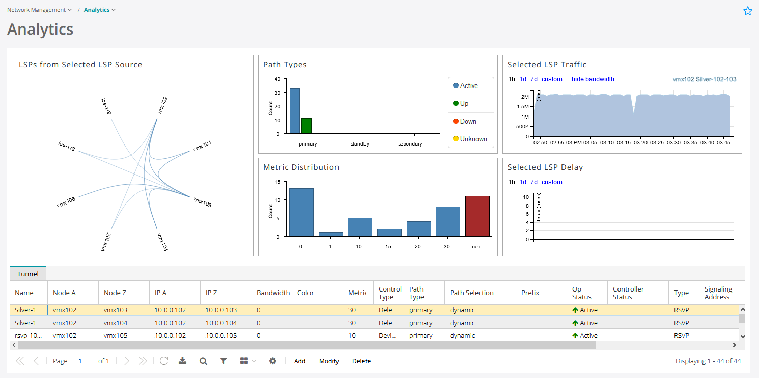 Network analytics dashboard with LSP visualizations: network topology, path types, traffic data, metric distribution, delay graph, and tunnel details.
