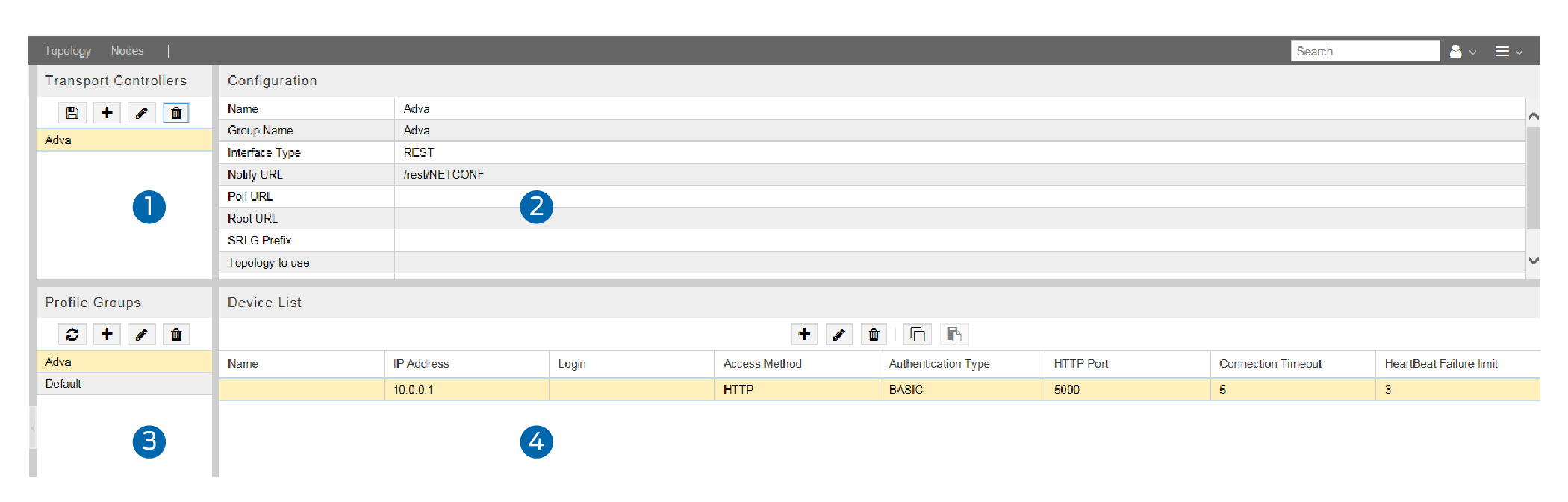 Network management interface showing transport controllers with Adva selected, configuration details, profile groups Adva and Default, and device list with network settings.