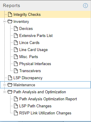 Hierarchical menu for generating reports in software with categories like Integrity Checks, Inventory, Maintenance, and Path Analysis.