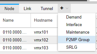 Network management interface table listing nodes with names and hostnames like vmx101, vmx102; dropdown menu includes options like Demand, Interface, Maintenance.