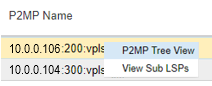 Table with heading P2MP Name listing IP addresses: 10.0.0.106:200:vpls and 10.0.0.104:300:vpls, with options for P2MP Tree View or View Sub LSPs.