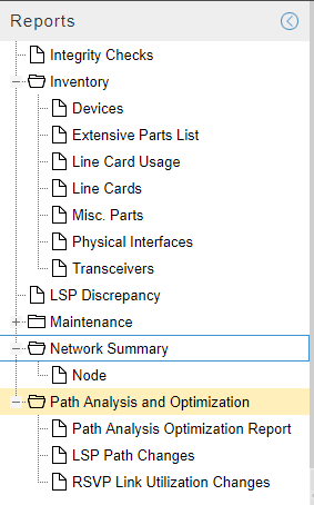 Hierarchical menu for report generation with categories Integrity Checks, Inventory, Maintenance, Network Summary, and Path Analysis and Optimization. Path Analysis and Optimization is selected.
