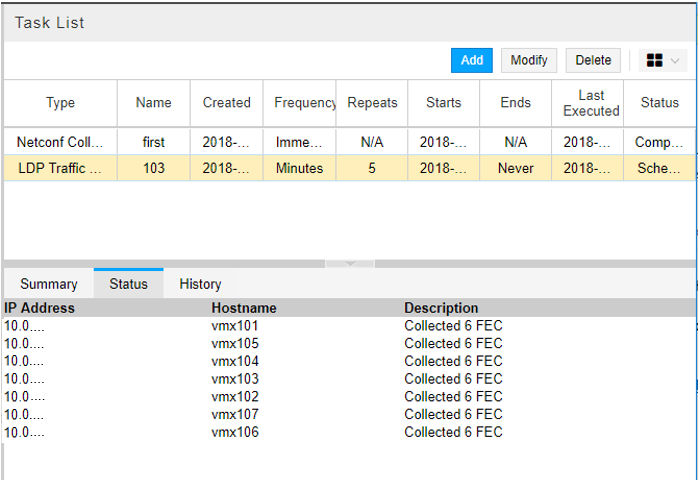 Task management interface with a task list showing details like type, name, created date, frequency, and status. Includes buttons for adding, modifying, and deleting tasks. Status tab displays IP addresses, hostnames, and task execution descriptions for network monitoring.