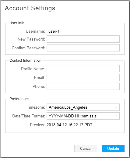 Account Settings form with User Info, Contact Information, and Preferences sections. Update and Cancel buttons at the bottom.