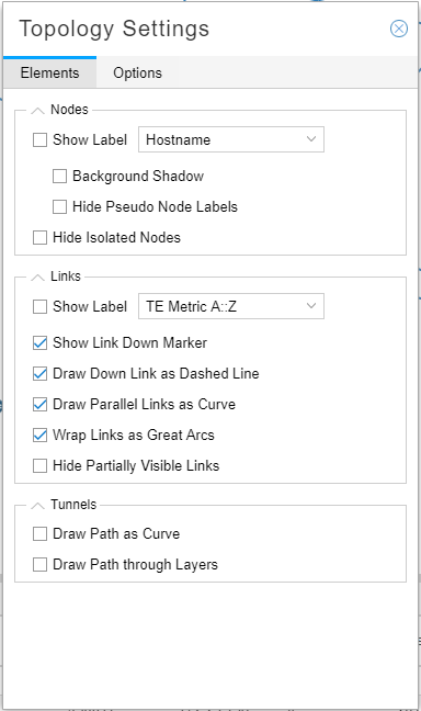 Topology Settings panel with Options tab selected. Customize node, link, and tunnel appearance and behavior for network visualization.