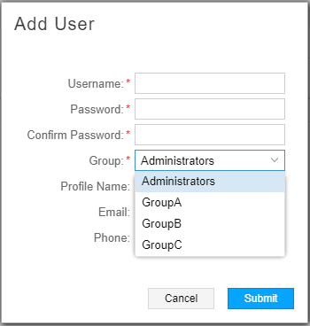 Add User form with fields for Username, Password, Confirm Password, Group dropdown, Profile Name, Email, Phone. Buttons: Cancel, Submit.