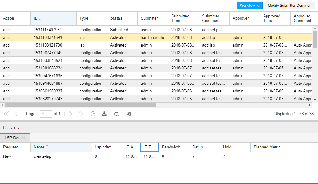 Workflow management interface showing a table of requests with details on actions, status, submitter, and approver with highlighted row and LSP details tab selected.