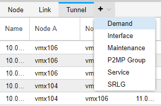 Network management interface showing a table with columns Node, Link, and Tunnel, and entries like vmx106 and vmx104. Dropdown menu offers options: Demand, Interface, Maintenance, P2MP Group, Service, SRLG.