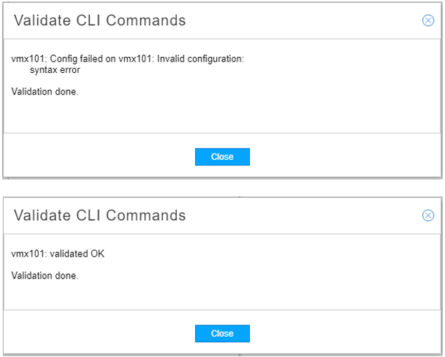 Top message shows configuration validation failure for vmx101 due to syntax error while bottom message shows successful validation for vmx101.
