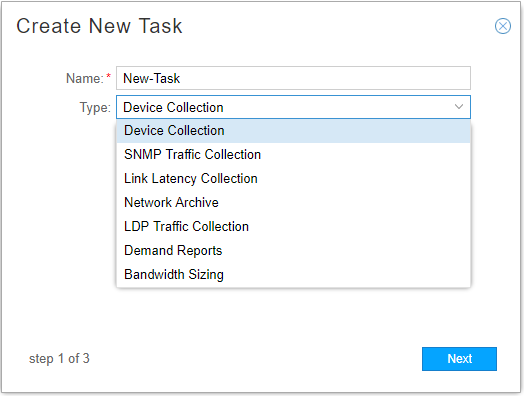 Create New Task dialog with fields for task name and dropdown for task type selection. Task types: Device Collection, SNMP Traffic Collection, Link Latency Collection, Network Archive, LDP Traffic Collection, Demand Reports, Bandwidth Sizing. Next button for step 1 of 3.