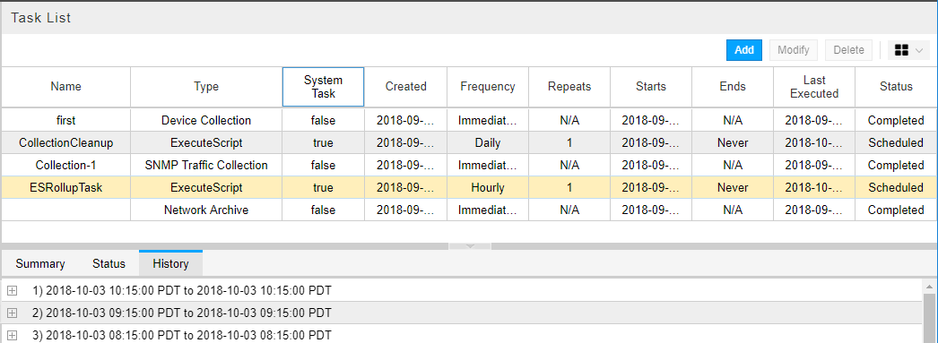 Task List interface showing a table with tasks details and History tab selected listing task execution timestamps.