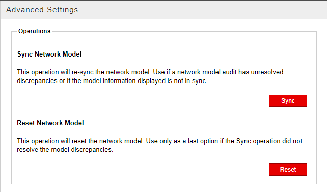 Advanced Settings interface with Sync Network Model and Reset Network Model options. Red Sync and Reset buttons for network model management.