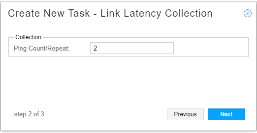 Step 2 of 3 in creating a new task for Link Latency Collection. Ping Count/Repeat set to 2. Next button highlighted.