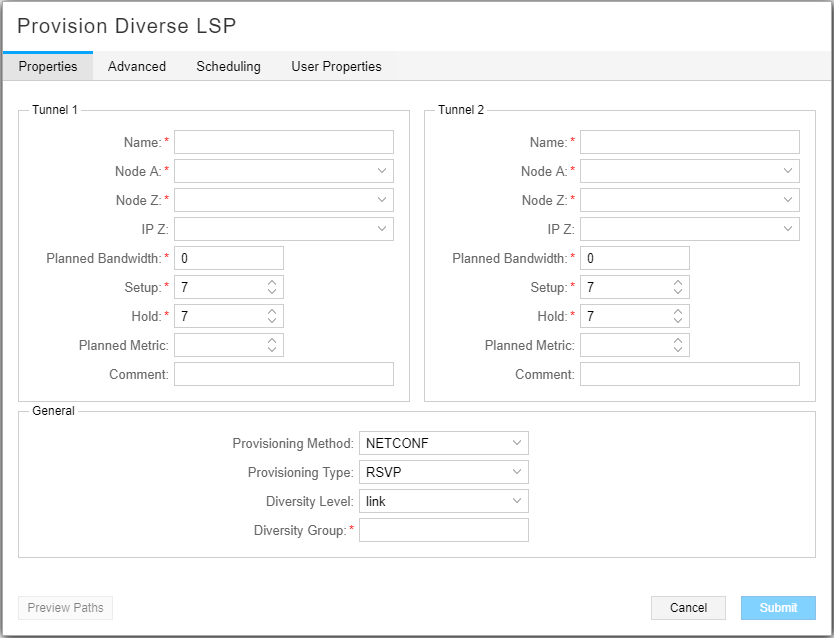 User interface for configuring Label Switched Paths with fields for tunnel settings and NETCONF provisioning method, including Submit and Cancel buttons.