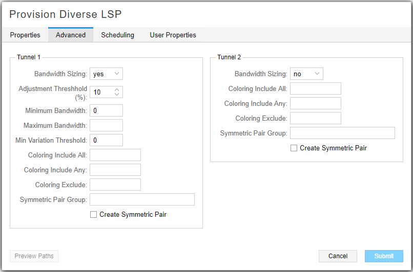 Software interface for provisioning LSPs with Advanced tab selected. Tunnel 1 has bandwidth sizing, 10 percent adjustment threshold, and symmetric pair checked. Tunnel 2 lacks bandwidth sizing and symmetric pair. Includes Preview Paths, Cancel, and Submit buttons.