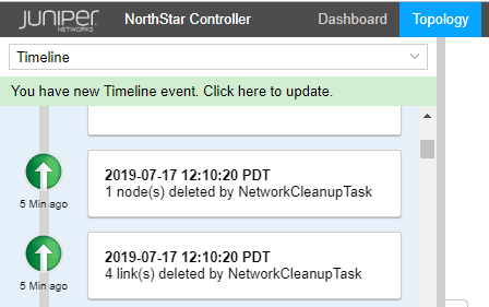 Juniper Networks NorthStar Controller Topology section showing timeline events; node and four links deleted by NetworkCleanupTask on July 17 2019 at 12:10:20 PDT. Notification: You have new Timeline event.