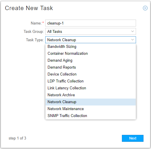 User interface for creating a new task with fields for task name, task group, and task type. Step 1 of 3.