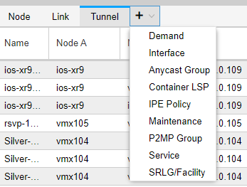 User interface of a network management app showing a table with columns Node, Link, Tunnel, and entries like ios-xr9.