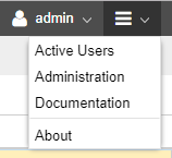 Dropdown menu for admin account with options: Active Users, Administration, Documentation, About. User profile icon present.