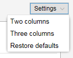 Settings dropdown menu with options: Two columns, Three columns, Restore defaults.