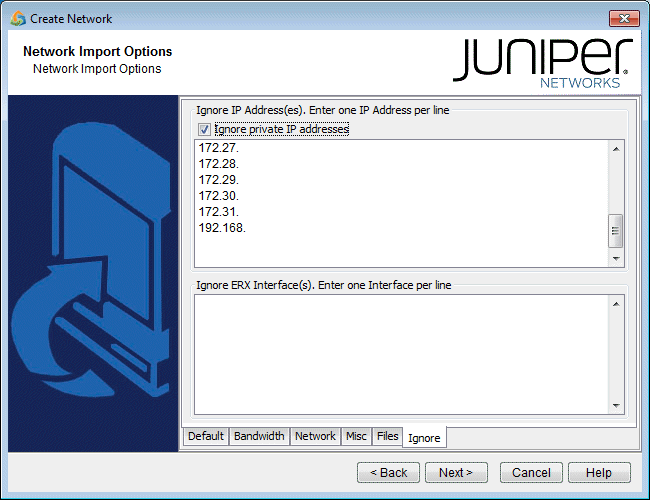 Create Network window with Network Import Options. Checkbox Ignore private IP addresses is checked. IP ranges listed. Tabs: Default, Bandwidth, Network, Misc, Files, Ignore. Navigation buttons: Back, Next, Cancel, Help.