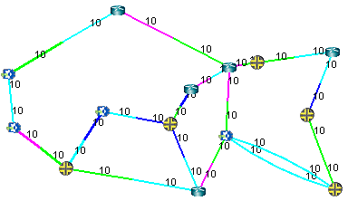 Network topology diagram with interconnected nodes and links labeled 10 indicating possible bandwidth or costs.