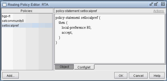 Routing Policy Editor window labeled RTA with policies like bgp-rt and setlocalpref. Setlocalpref config sets local preference to 80. Buttons: Add, OK, Cancel, Help.
