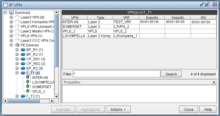 Network management interface for managing IP VPNs, showing a tree structure of VPN types and devices, and detailed VPN info for selected device F_T1.