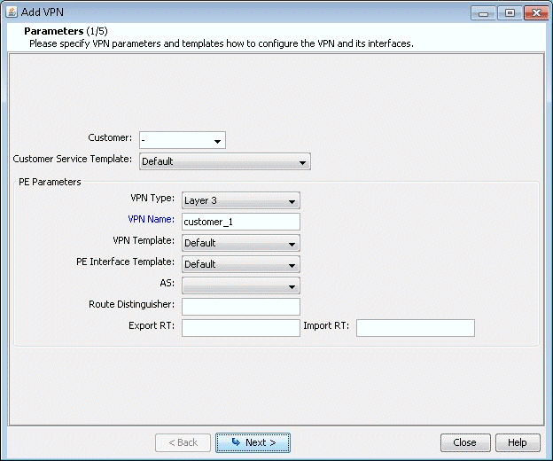 Add VPN configuration window showing step 1 of 5 with fields for customer, service template, VPN and PE parameters, and navigation buttons.