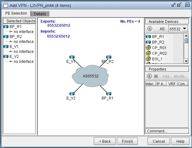 Network configuration interface for Layer 3 VPN named L3VPN_ph44 with AS65532, routers BP_R1 and BP_R2, endpoints E_V1 and E_V2, and BGP route targets 65532:65012.