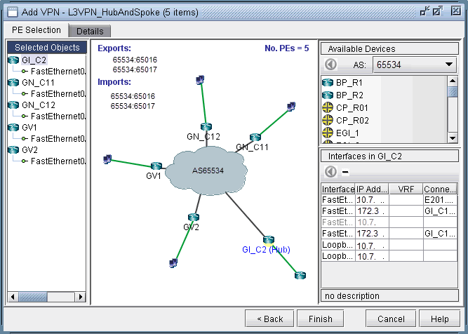 Layer 3 VPN network configuration with Hub-and-Spoke topology showing central AS65534, hub Gl_C2, spokes GN_C11 and GN_C12, and route exports/imports.