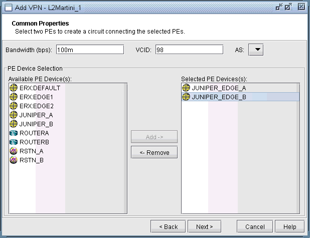 Add VPN interface for configuring L2VPN using Martini protocol, showing bandwidth set to 100 Mbps, VCID 98, and selected PE devices JUNIPER_EDGE_A and JUNIPER_EDGE_B.