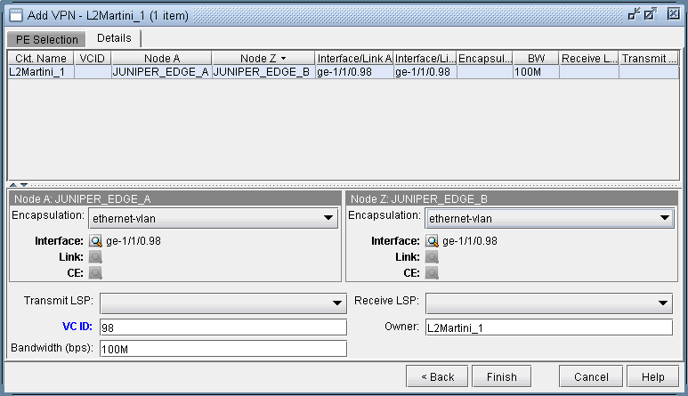 L2VPN configuration interface for Juniper Networks; VPN name L2Martini_1, VCID 98, nodes JUNIPER_EDGE_A and JUNIPER_EDGE_B, bandwidth 100M.