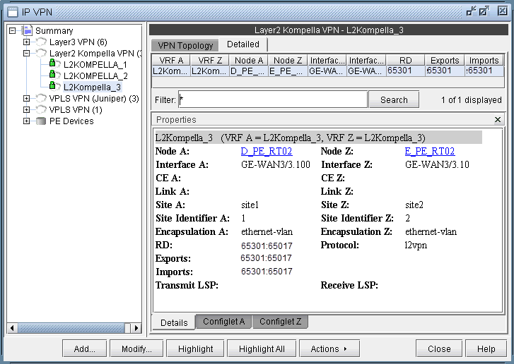 Network management software interface showing IP VPN configurations. Displays Layer 2 Kompella VPN details, including node names, interfaces, site IDs, encapsulation type, route distinguisher, route targets, and LSP info.