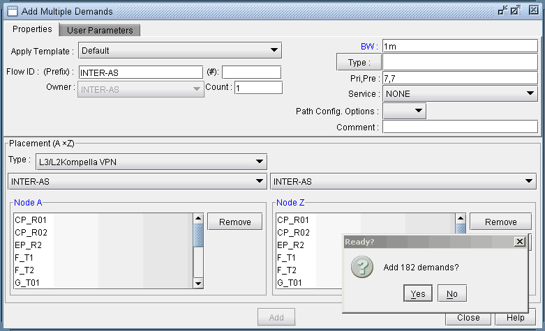 Add Multiple Demands window for configuring network demands with fields for template, flow ID, count, bandwidth, type, service, path options, and nodes.