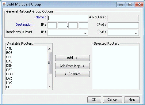 "Dialog box titled Add Multicast Group for network configuration with fields for group name, destination, rendezvous point, and routers. Actions include adding or removing routers and saving the configuration."