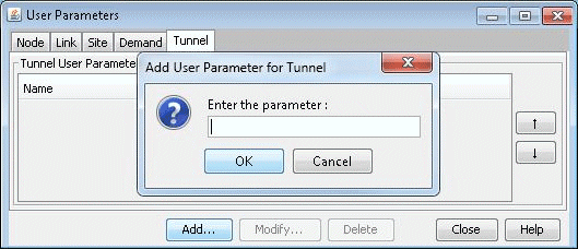 User Parameters interface for managing tunnel-related parameters. Add User Parameter for Tunnel dialog open with text field and OK and Cancel buttons.