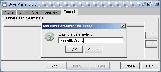 Software interface for adding tunnel parameters. Active tab: Tunnel. Dialog box: Add User Parameter for Tunnel. Text field: TunnelIDGroup. Buttons: OK, Cancel, Add, Modify, Delete, Close, Help, with up and down arrows for ordering.
