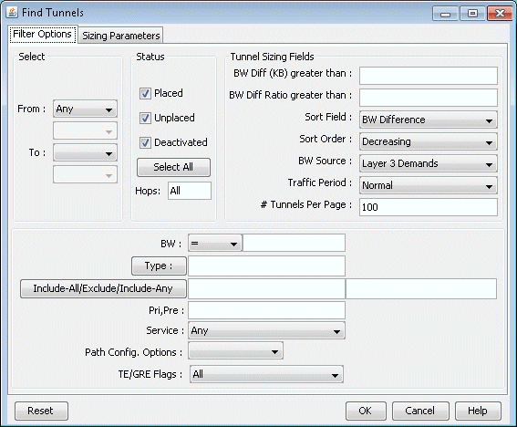 Software interface titled Find Tunnels for network management with filter options for bandwidth, type, status, hops, and traffic period.