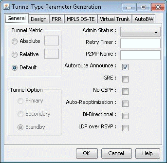 Configuration window for Tunnel Type Parameter Generation in networking software with options for tunnel metric, admin status, retry timer, P2MP name, autoroute announce, GRE, no CSPF, auto-reoptimization, bi-directional, LDP over RSVP, and tunnel option. Includes OK, Cancel, and Help buttons.