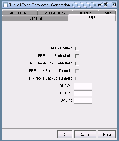 GUI window titled Tunnel Type Parameter Generation for MPLS DS-TE configuration with active Diversity FRR tab showing options for enabling Fast Reroute, link and node protection, and backup tunnel settings.