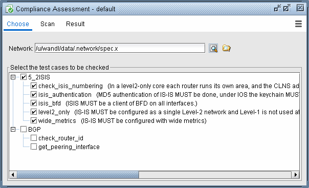 Compliance Assessment interface for network file selection and test case checking. ISIS category with selected tests like check_isis_numbering and isis_authentication. BGP category collapsed.