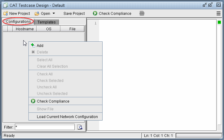 Software interface of CAT Testcase Design - Default for designing test cases with a menu bar, highlighted Configurations tab, dropdown options, and a workspace.