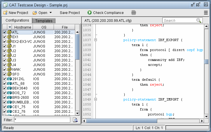 Software interface for network configuration and compliance. Features device list with hostnames and IPs, config file display, and toolbar for project management.